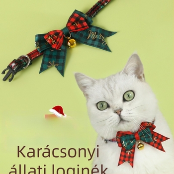 Karácsonyi masnis kisállatnyakörv, állítható fulladás elleni csattal, kockás mintázat, csengő, poliészter