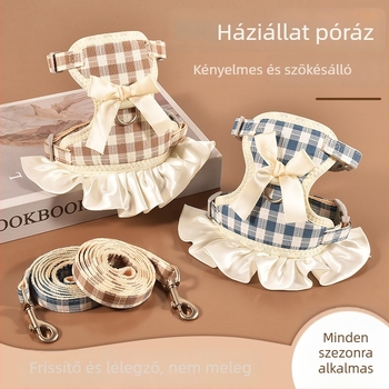 Kockás szoknya-vest stílusú kutya- és macska hám és póráz, nem visszahúzható, kültéri sétákhoz