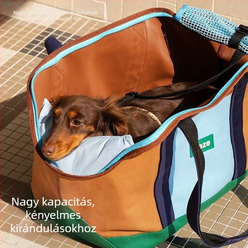 Nylonból készült kisállat-táska, csíkos mintával, közepes merevség