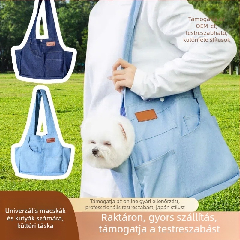 Denim táska háziállatok számára sétákhoz, kutyáknak és macskáknak, vállon átívelő hordozó