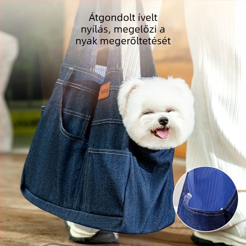 Denim táska háziállatok számára sétákhoz, kutyáknak és macskáknak, vállon átívelő hordozó