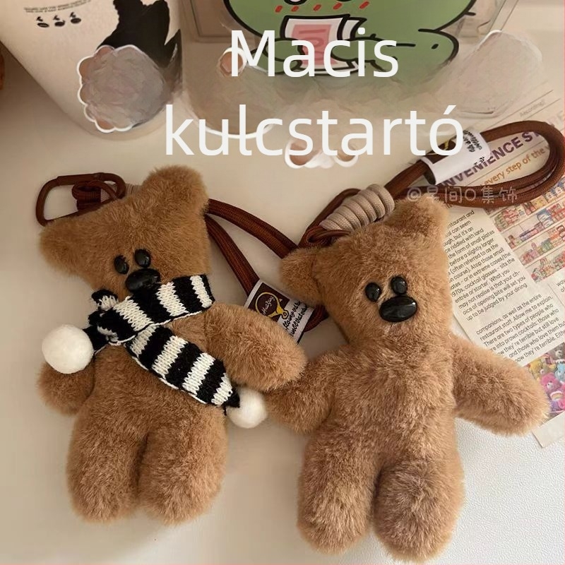 Plüss Teddy maci sálas kulcstartó, Mr. Bean medve hátizsákhoz való kiegészítő