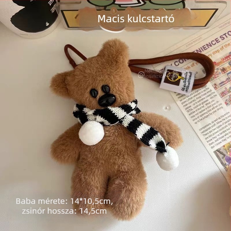 Plüss Teddy maci sálas kulcstartó, Mr. Bean medve hátizsákhoz való kiegészítő