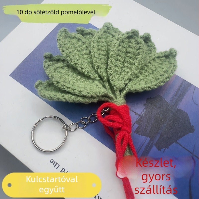 Kulcstartó grapefruit levél motívummal, kézzel horgolt, plüss anyag, aranyos stílus