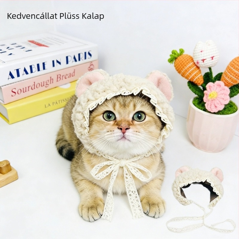 Plüss sapka háziállatoknak, kartún stílus, monokróm mintás, gyapjú anyag, univerzális, téli viselet