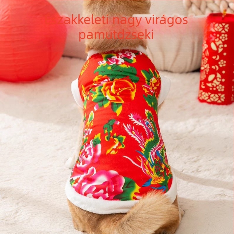Téli mellény fleece-belelt, virágmintás, Tang-stílusú, kis testű kutyáknak és macskáknak