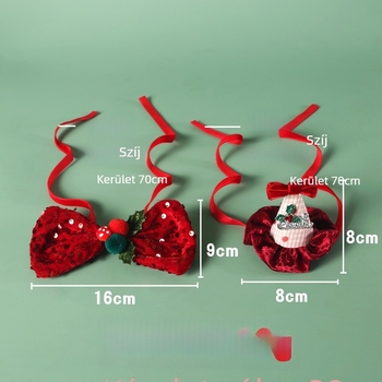 Karácsonyi díszítő készlet macskáknak és kutyáknak: bársonyos flitteres masni és nyakörv, csíkos csipkével, 3D-s kis sapka