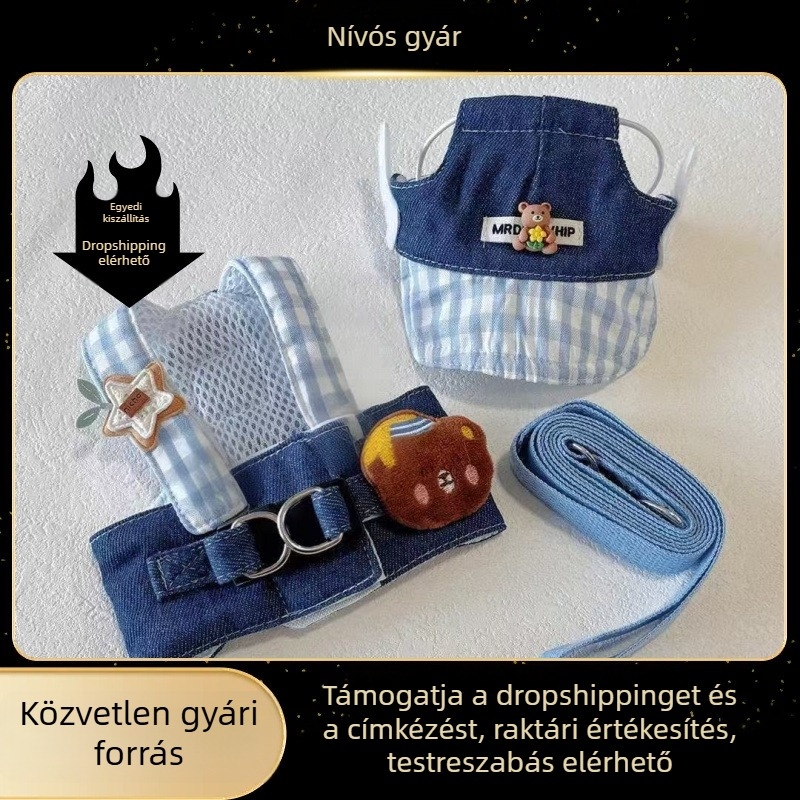 Denim hám kutyáknak és macskáknak, medve mintával, rövid fazon