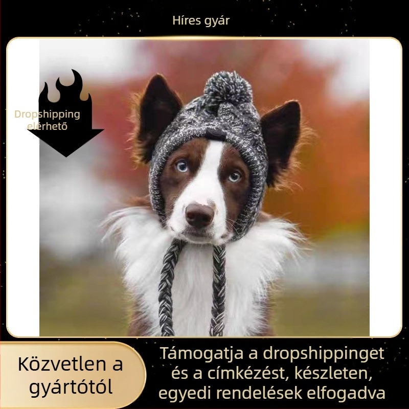 Téli kötött kutyasapka, egyszínű mintázat, poliszter anyag, twill kötés, jacquard feldolgozás, INS stílus