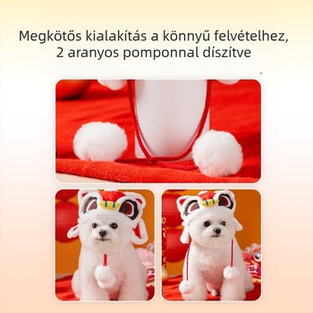 Kis méretű kutyáknak szóló bundás sapka – Újévi oroszlántánc motívummal, téli fotózási kiegészítő