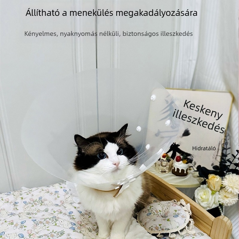 Elizabeth gallér macskáknak, anti harapás, anti nyalogatás, átlátszó, mélyített és kinyújtott fejvédő, műanyag, Pont-típusú minta