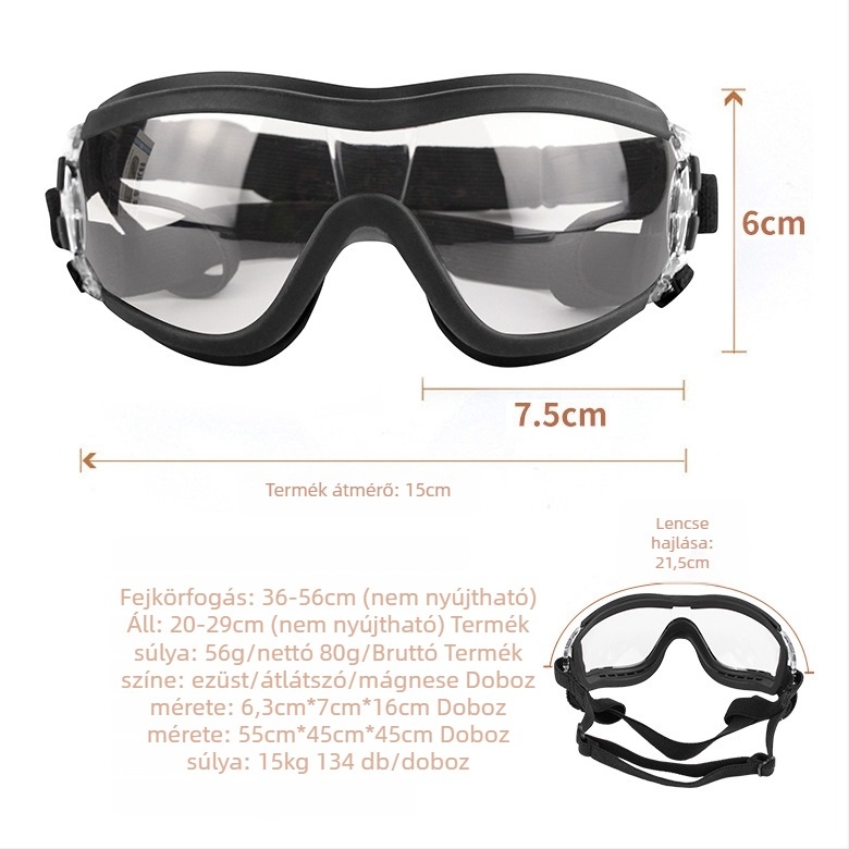 Kutyavédő szemüveg polikarbonát lencsékkel, gumírozott keret, vízálló, szélálló, UV-védelem