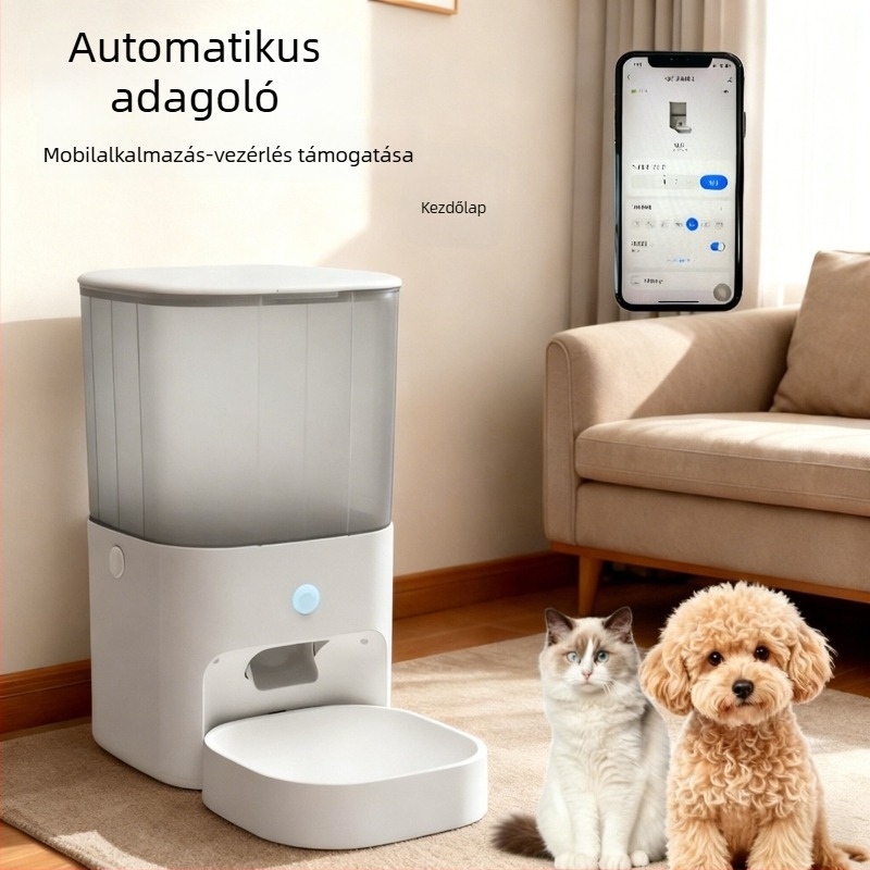 Intelligens automata etető kutyáknak és macskáknak, időzített adagokkal és távoli vezérléssel az alkalmazáson keresztül