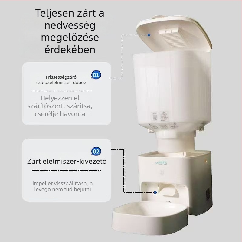 Intelligens automata etető kutyáknak és macskáknak, időzített adagokkal és távoli vezérléssel az alkalmazáson keresztül