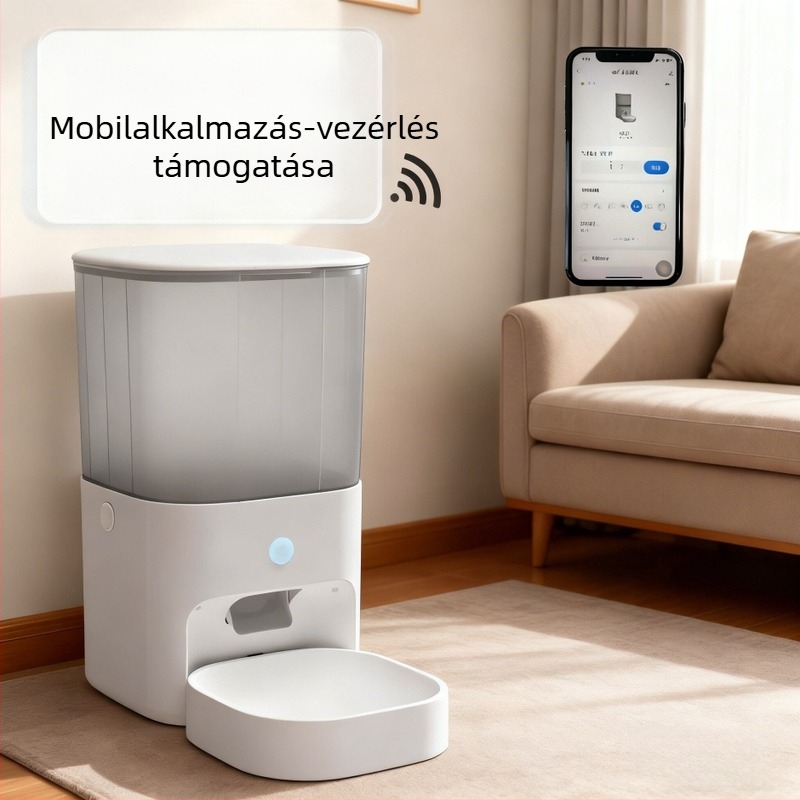 Intelligens automata etető kutyáknak és macskáknak, időzített adagokkal és távoli vezérléssel az alkalmazáson keresztül