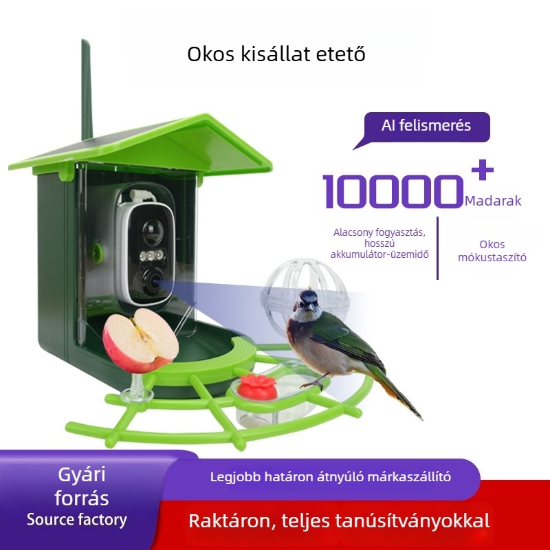 AI-alapú okos madáretető kamerával, kültéri használatra, napelemes