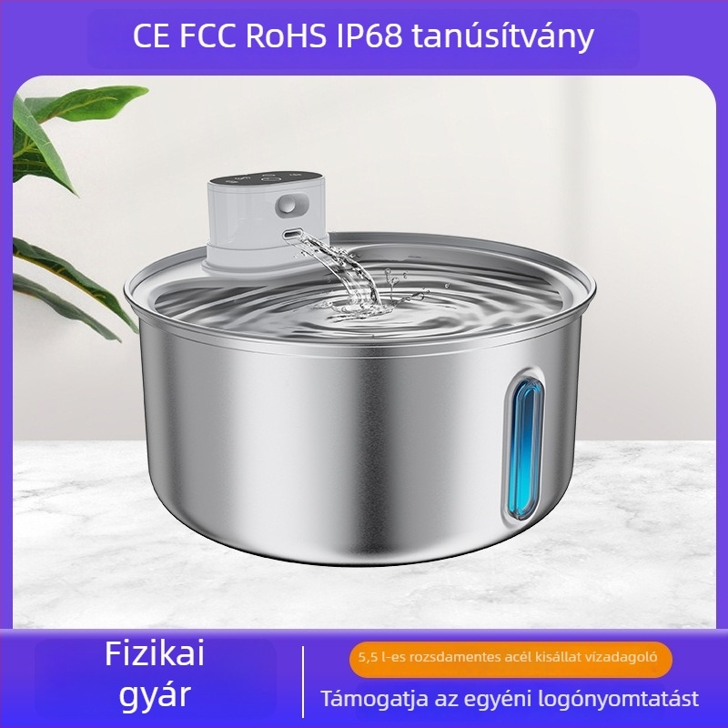 Vezeték nélküli vízadagoló háziállatok számára, csendes, nagy kapacitású, automatikus keringés, rozsdamentes acél