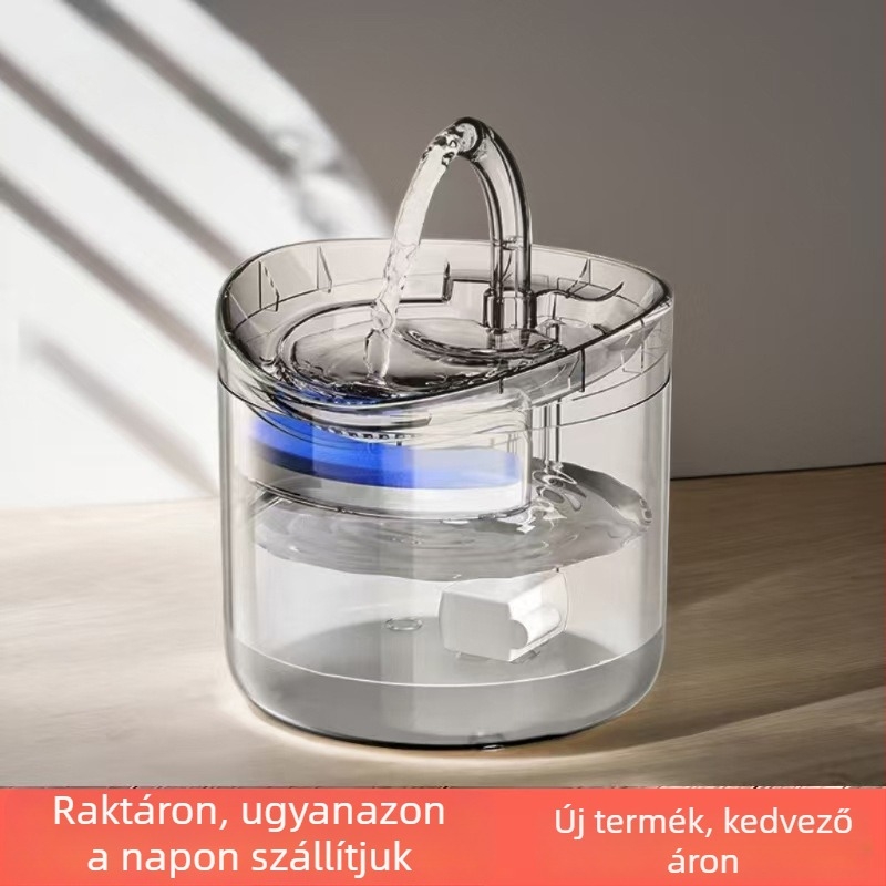 Macska itató átlátszó csappal, automatikus keringés, csendes működés, vízszűrés (Modell: Pet transparent faucet water dispenser; Szétcsavarható; Tömeg: 535 g; Univerzális kompatibilitás)