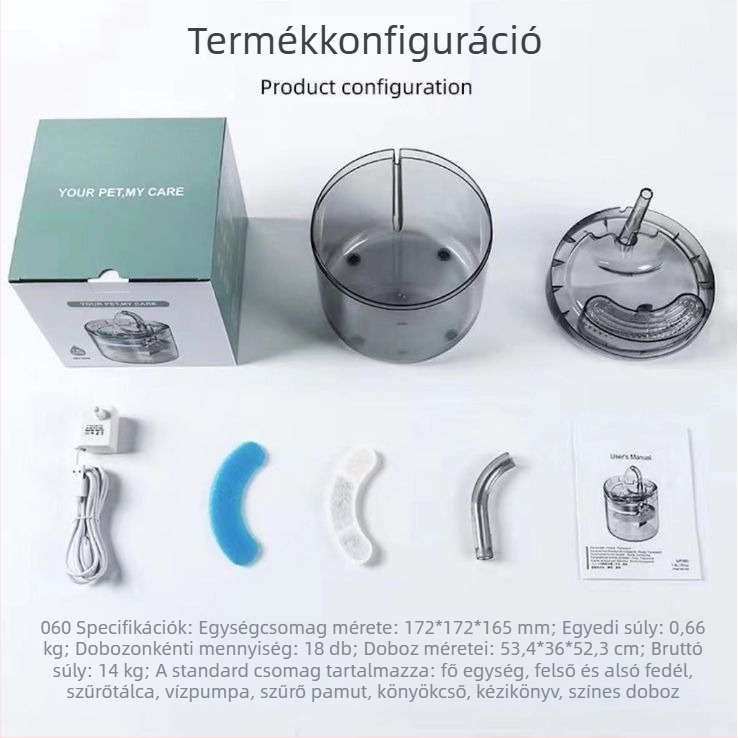 Macska itató automatikus körkörös vízáramlással és szűrővel, szenzoros