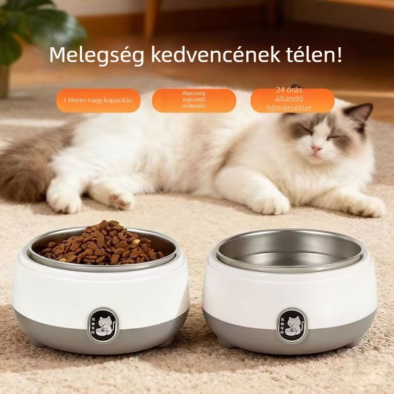 Mini macska vízadagoló állandó hőmérséklettel és fűtéssel, rozsdamentes acél belső tál
