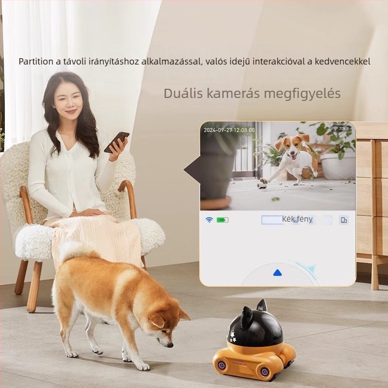 Kutyák és macskák számára kísérő robot, mozgatható távmegfigyelő kamera otthoni használatra