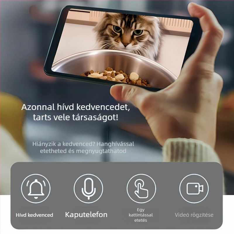 Okos automata etető macskáknak és kutyáknak, kamerával, időzített adagolás és vizuális etetés