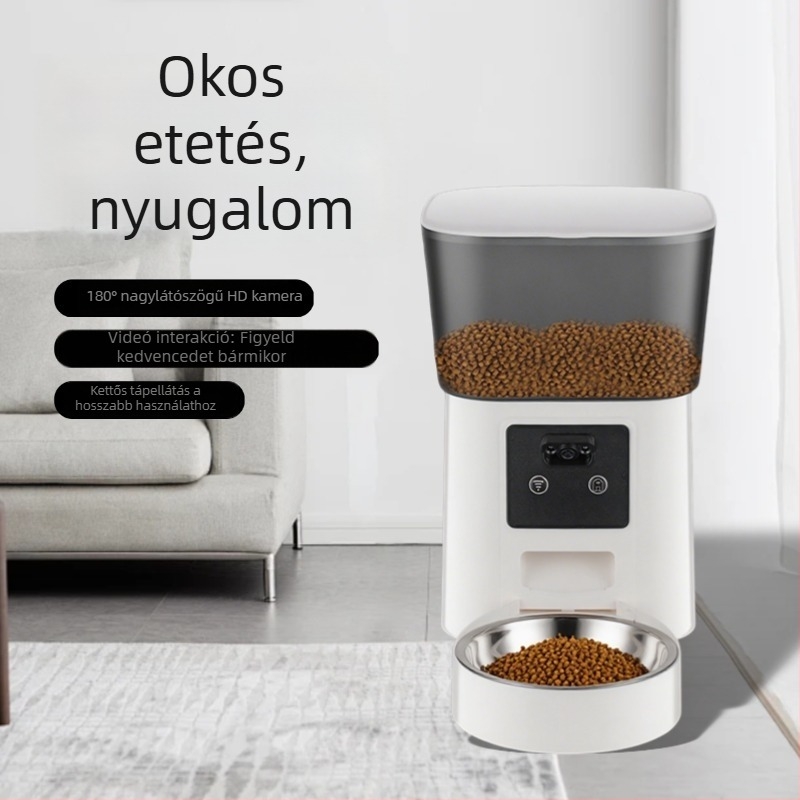 Okos automata etető macskáknak és kutyáknak, kamerával, időzített adagolás és vizuális etetés