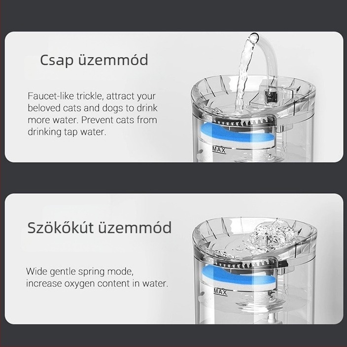 Macska- és kutya vízadagoló automatikus keringéssel és szűrőrendszerrel, folyó vízű tál