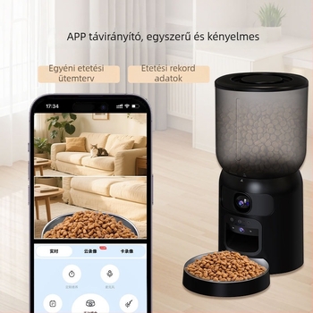 Két kamerás etető macskáknak és kutyáknak, lézeres játék, hangfelvétel, intelligens mozgásérzékelés és automata etetés.