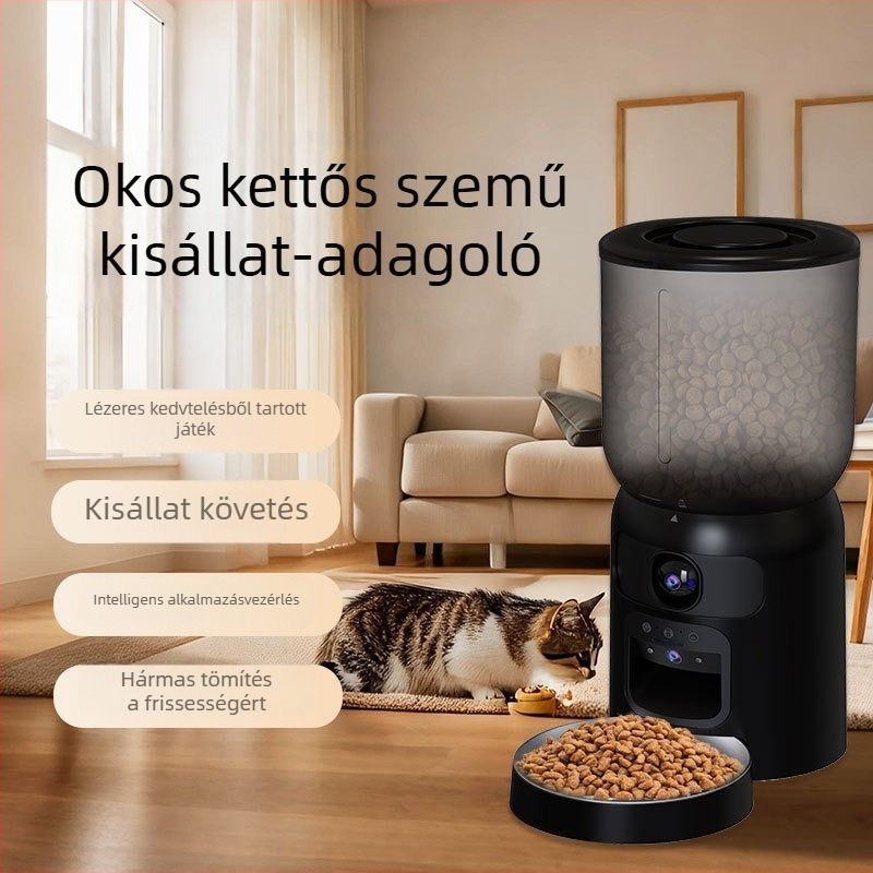 Két kamerás etető macskáknak és kutyáknak, lézeres játék, hangfelvétel, intelligens mozgásérzékelés és automata etetés.