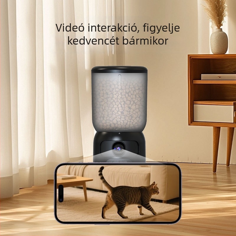 Két kamerás etető macskáknak és kutyáknak, lézeres játék, hangfelvétel, intelligens mozgásérzékelés és automata etetés.