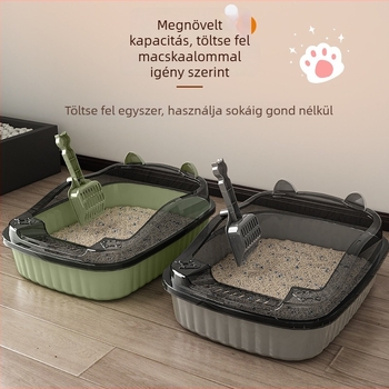 Ronda Extra nagy félzártságú macskatálca, nyitott felső résszel, szürke/zöld, PP anyagú, alkalmas macskáknak és kölyökmacskáknak