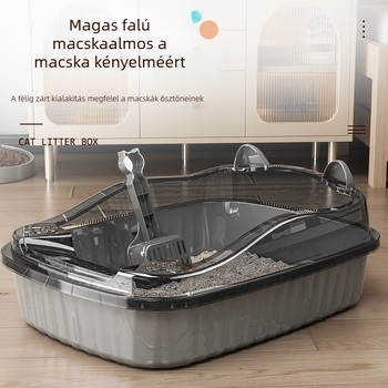 Ronda Extra nagy félzártságú macskatálca, nyitott felső résszel, szürke/zöld, PP anyagú, alkalmas macskáknak és kölyökmacskáknak