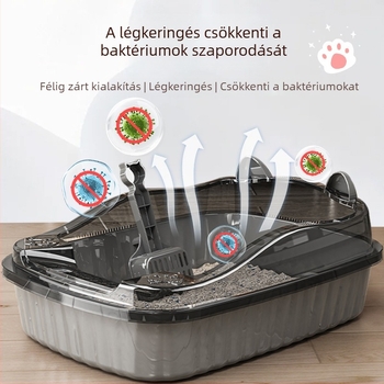 Ronda Extra nagy félzártságú macskatálca, nyitott felső résszel, szürke/zöld, PP anyagú, alkalmas macskáknak és kölyökmacskáknak