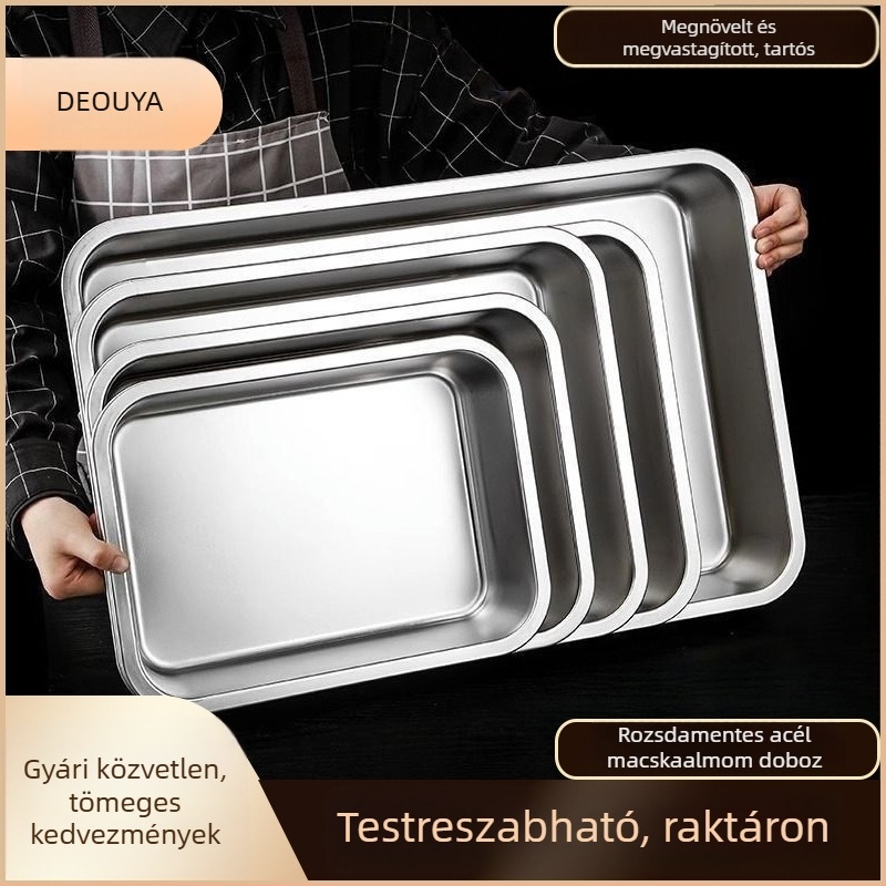 Nagy rozsdamentes acél macska toalett, lapos aljzattal, négyszögletes formájú, mélyített és vastagított, acél fedéllel.