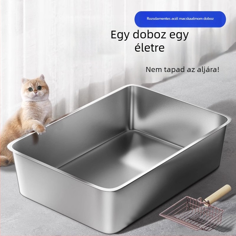 Nagy rozsdamentes acél macska toalett, lapos aljzattal, négyszögletes formájú, mélyített és vastagított, acél fedéllel.