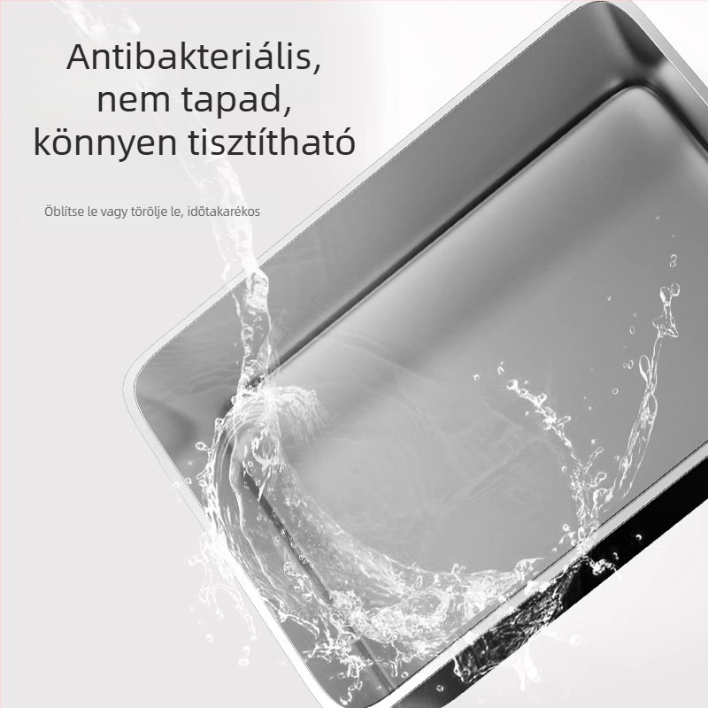 Nagy rozsdamentes acél macska toalett, lapos aljzattal, négyszögletes formájú, mélyített és vastagított, acél fedéllel.