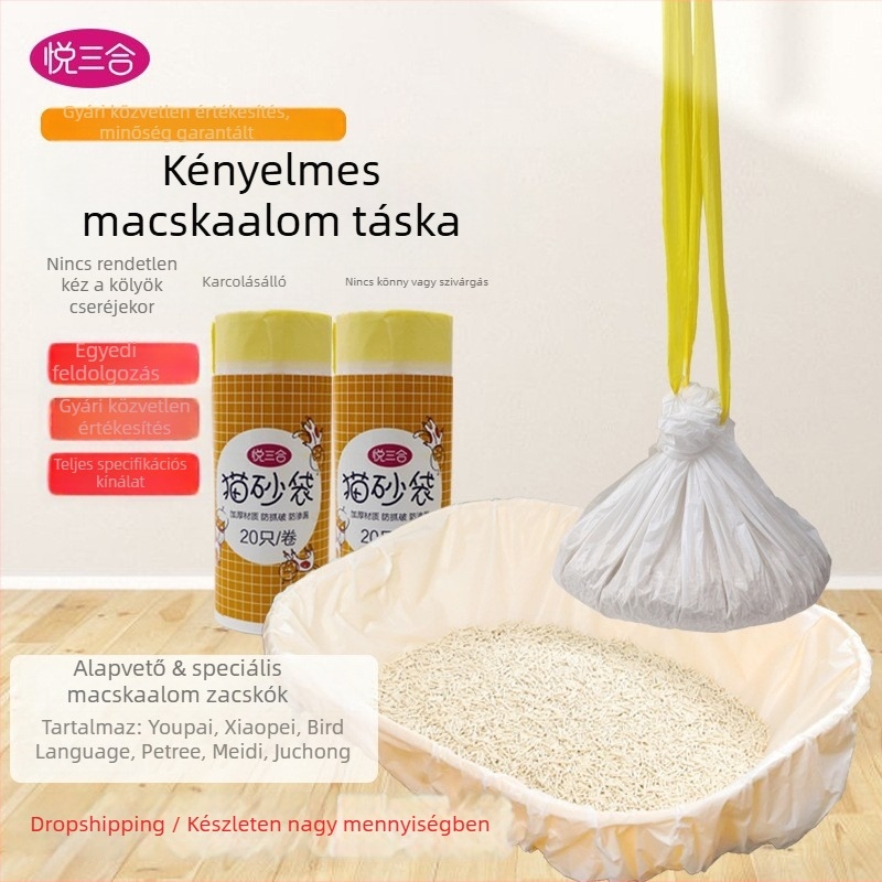 Macskaalomtálcához hulladékszacskók, vastag HDPE, húzózsinórral, egyszer használatos, 50 darab