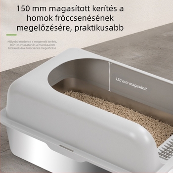 Rozsdamentes acél macska toalett, extra-nagy méret, magas és vastított, anti-szóródás, könnyen tisztítható, nyitott kialakítás