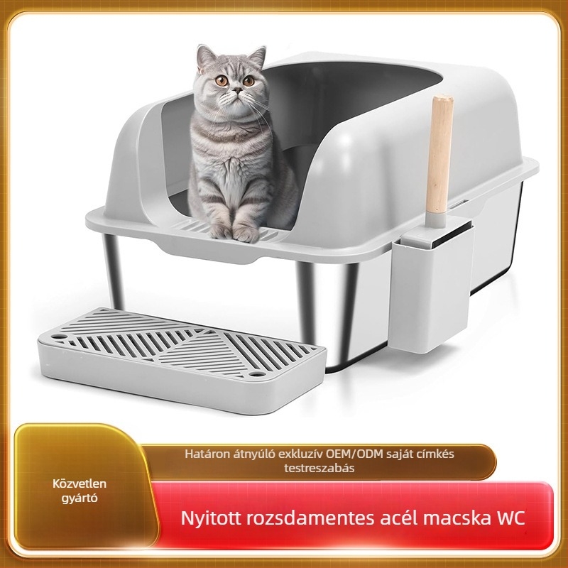 Rozsdamentes acél macska toalett, extra-nagy méret, magas és vastított, anti-szóródás, könnyen tisztítható, nyitott kialakítás