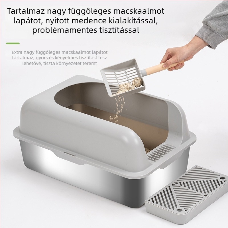 Rozsdamentes acél macska toalett, extra-nagy méret, magas és vastított, anti-szóródás, könnyen tisztítható, nyitott kialakítás