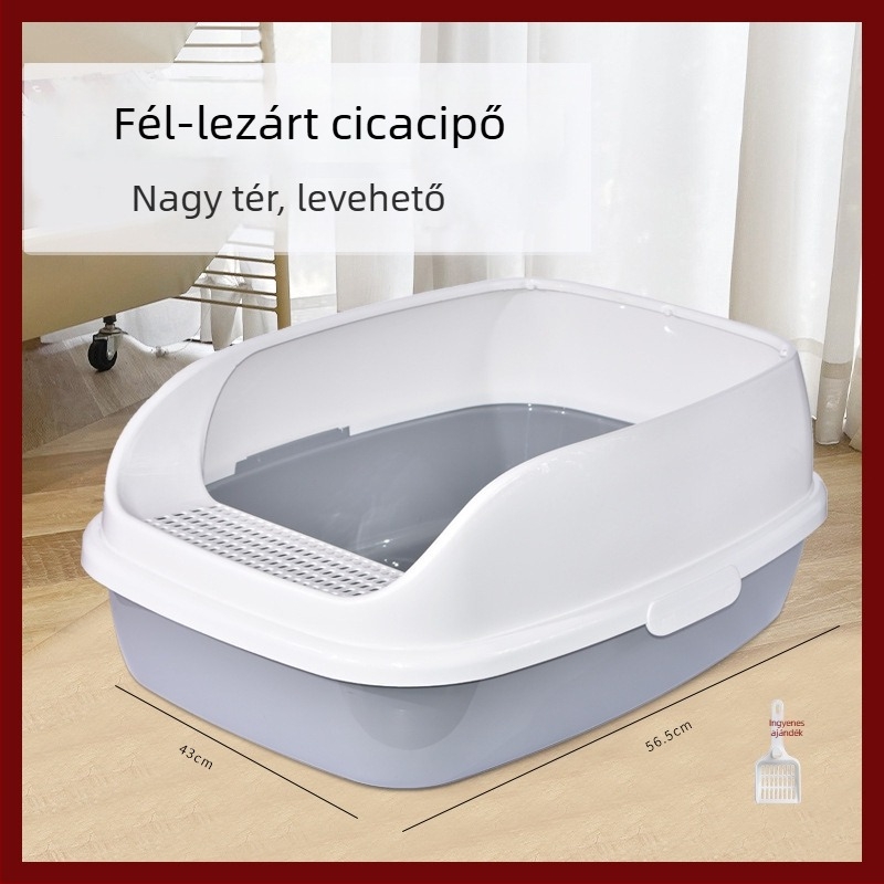 Félig zárt macskaalomtál emelt kivitelben, nagy kapacitás, ABS műanyagból, fröccsenés elleni lapát