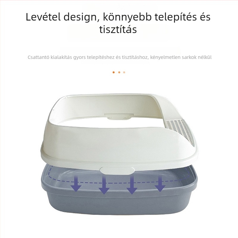 Félig zárt macskaalomtál emelt kivitelben, nagy kapacitás, ABS műanyagból, fröccsenés elleni lapát