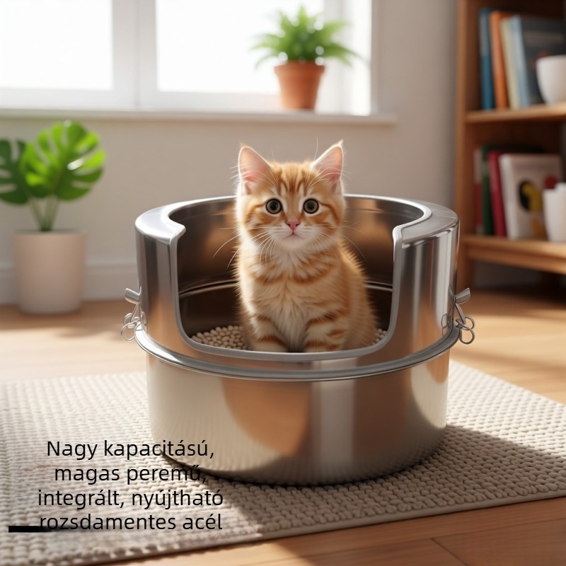 Extra nagy rozsdamentes acél macskaalomtál, kör alakú, leválasztható, félzárt, magas kerítéssel, szivárgás- és fröcskölésbiztos