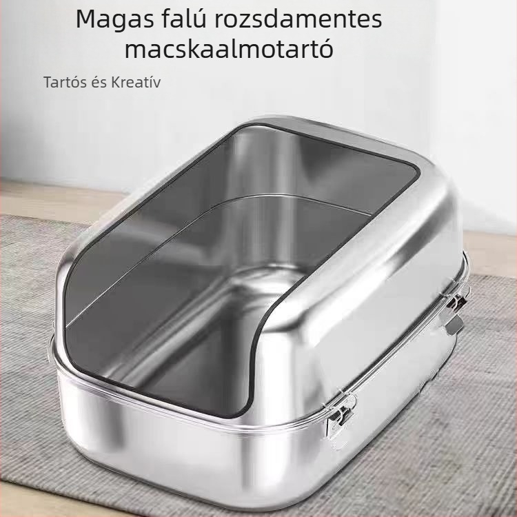 Extra nagy rozsdamentes acél macskaalomtál, fröccsenés elleni, félig zárt, négyzetes kialakítás