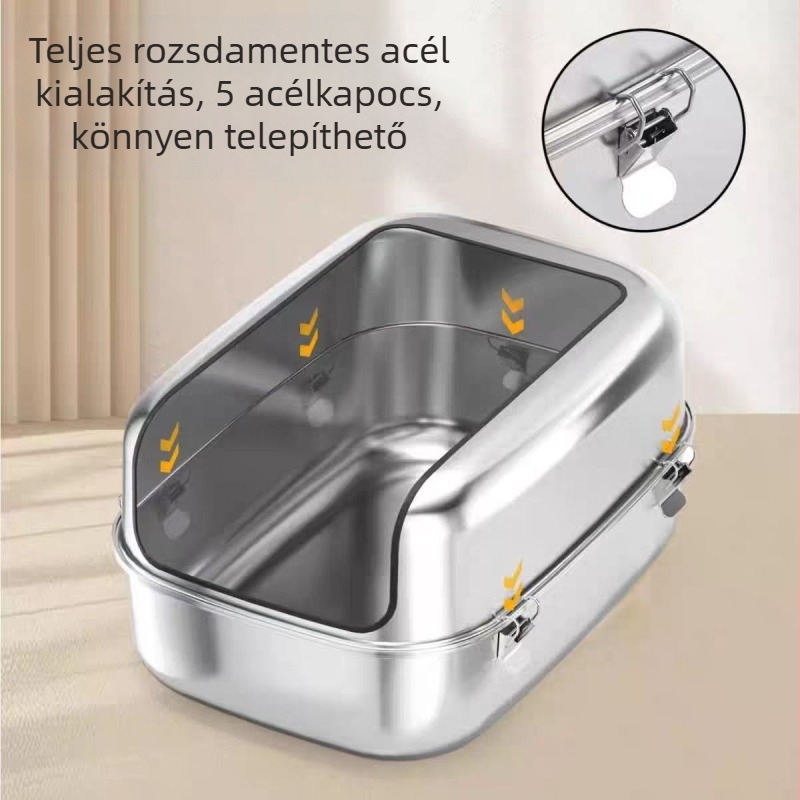 Extra nagy rozsdamentes acél macskaalomtál, fröccsenés elleni, félig zárt, négyzetes kialakítás