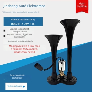 Autóriasztó kettős csővel, kettős hangzású, 24V, 72W, 105–125 dB, frekvencia-válasz: magas 525±30 Hz, mély 420±25 Hz