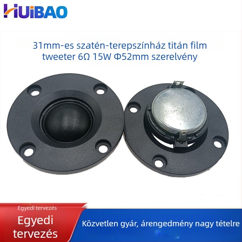 HB tweeter, diafragma nem papíros, belső mágneses felépítés, 1300 Hz, 360° sugárzás, autó- és otthoni hangrendszerek magas hangokhoz