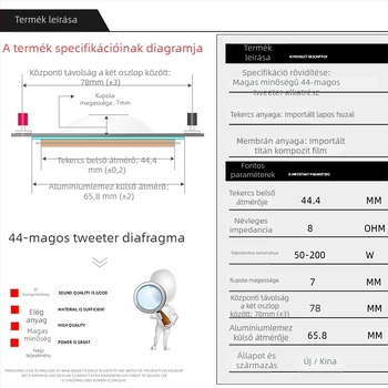 44‑magos tweeter 44,5 mm-es diafragmával, horn driverrel, magas polimer‑kompozit filmmel, nagy decibellel KTV‑hez