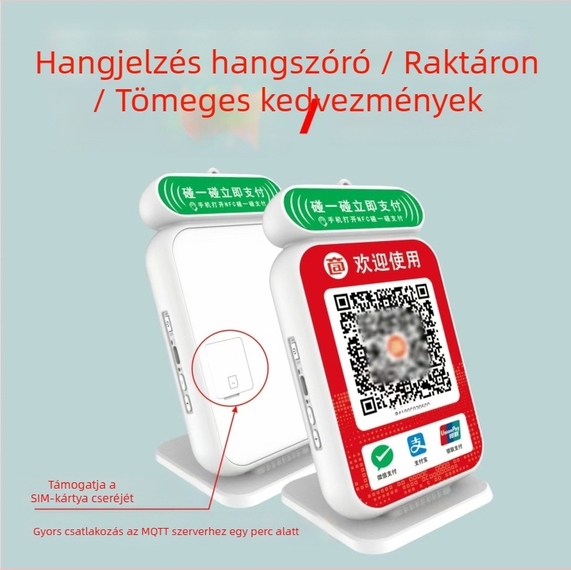 Hordozható NFC fizető hangszóró, hangos kódolvasási bejelentés és felhőalapú API testreszabás